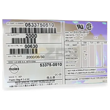 Molex 53375-0510 Conector de Pin 5 Posiciones 2.5mm Espaciado Vertical Through Hole Original